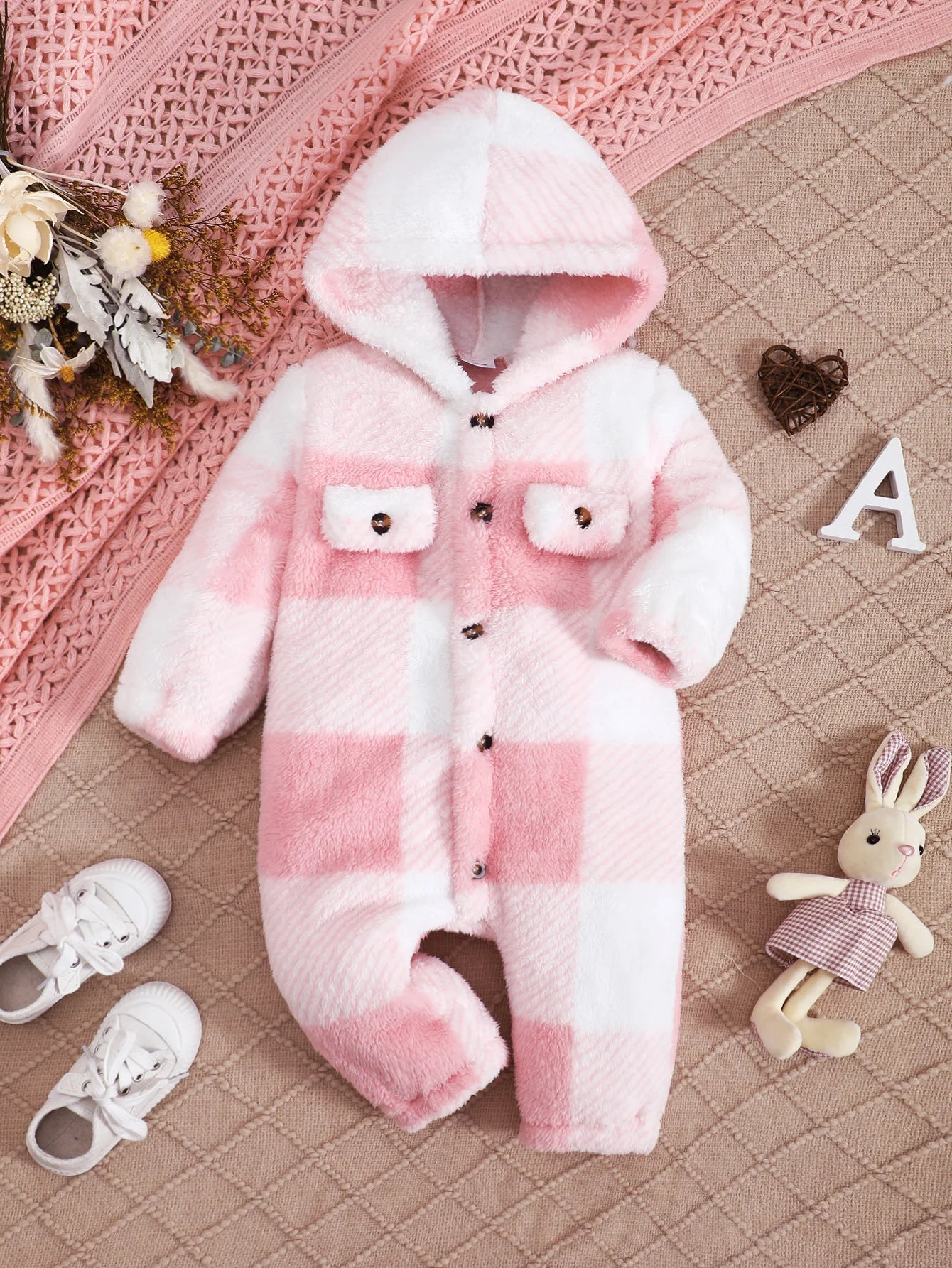 Plaid Plush Hooded Romper