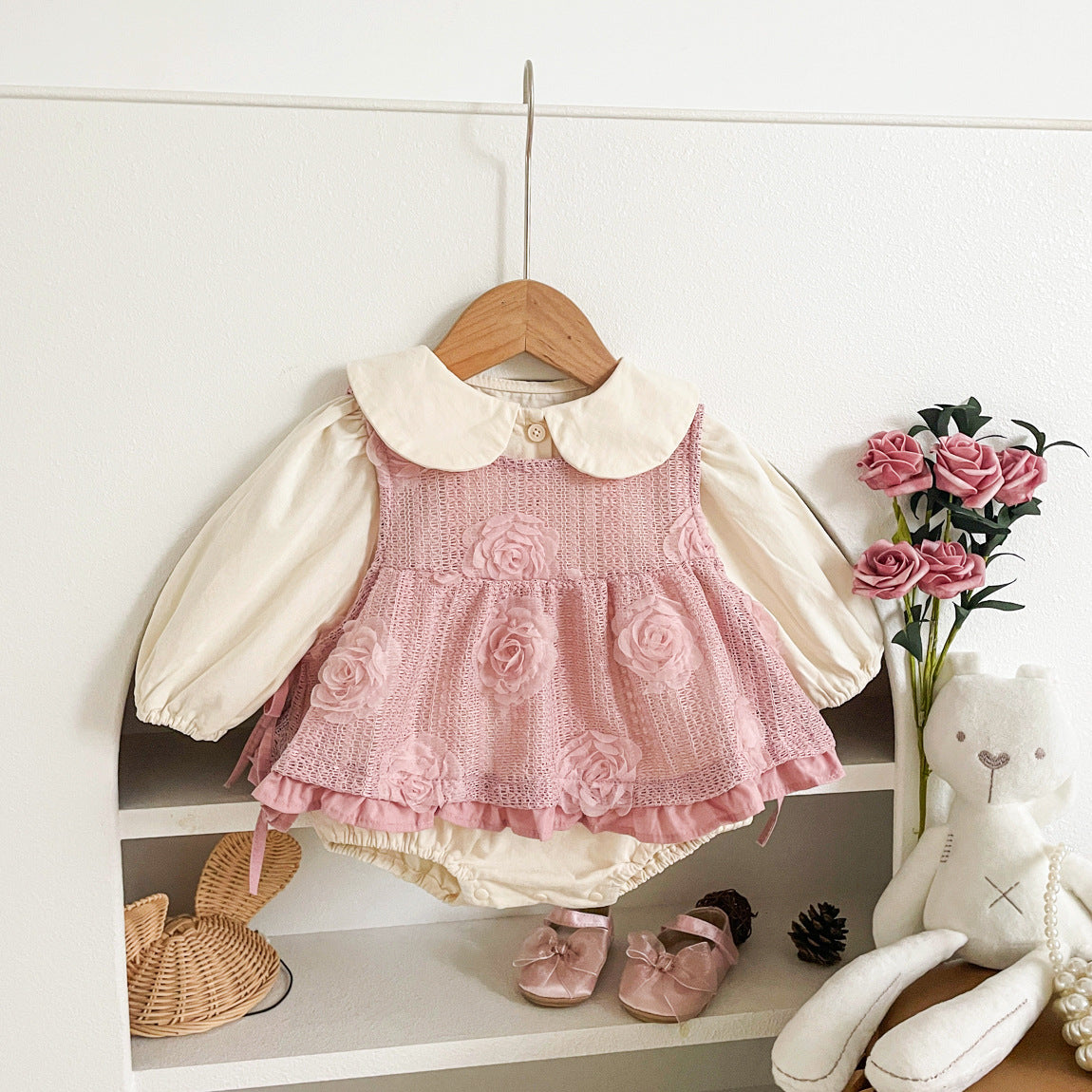 Spring and Autumn Baby Kids Girls Flowers Pattern Sleeveless Vest and Plain Onesies Clothing Set-0