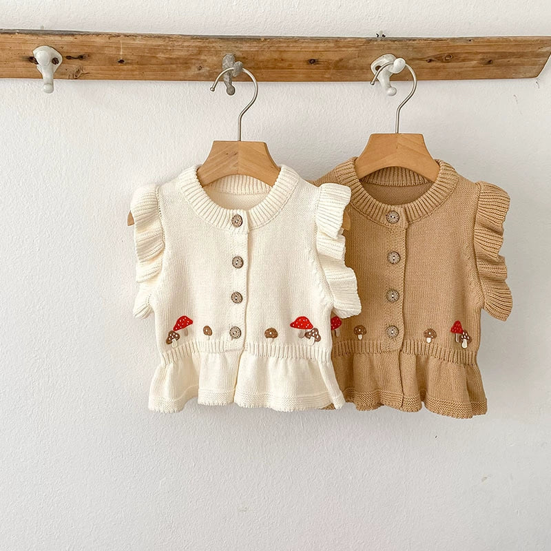 Autumn Arrival Baby Girls Comfortable Mushroom Embroidery Pattern Knitted Fly Sleeves Vest-3