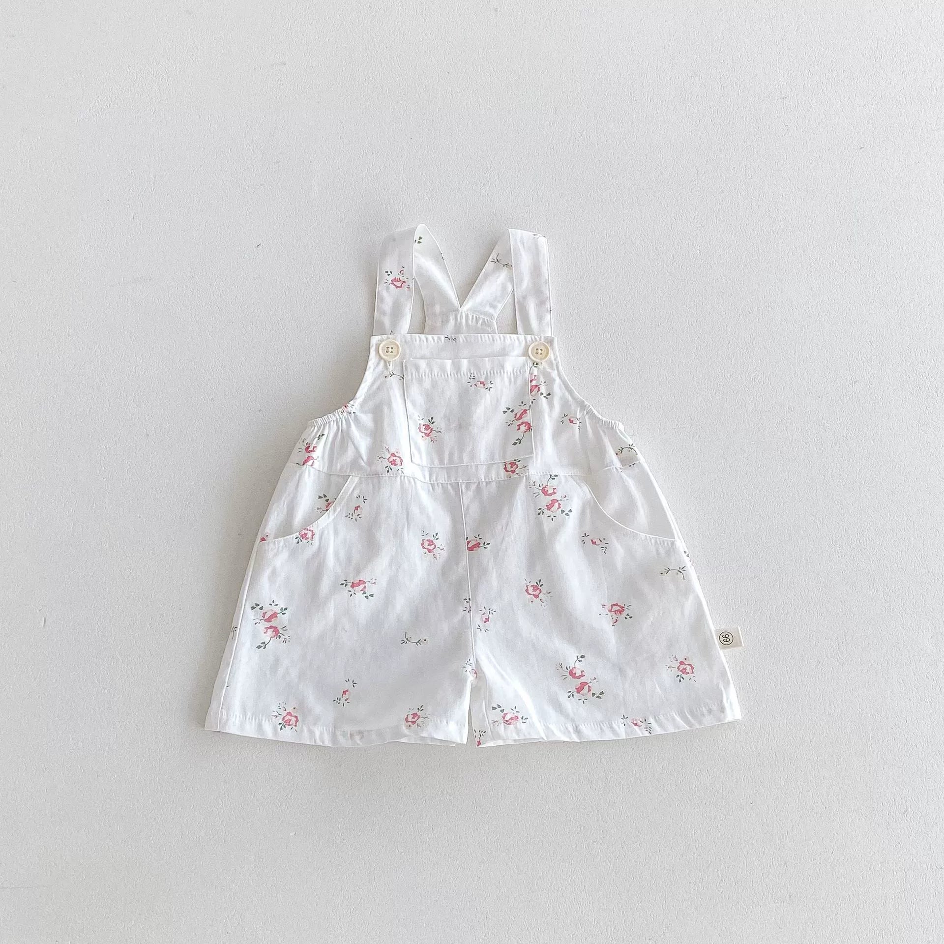 Summer Arrival Baby Kids Girls Sleeveless Floral Pattern Strap Overalls and Pink Vest Clothing Set-2