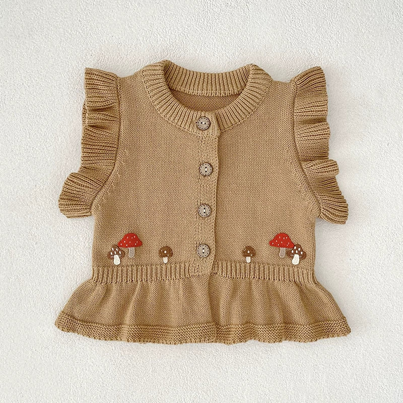 Autumn Arrival Baby Girls Comfortable Mushroom Embroidery Pattern Knitted Fly Sleeves Vest-2