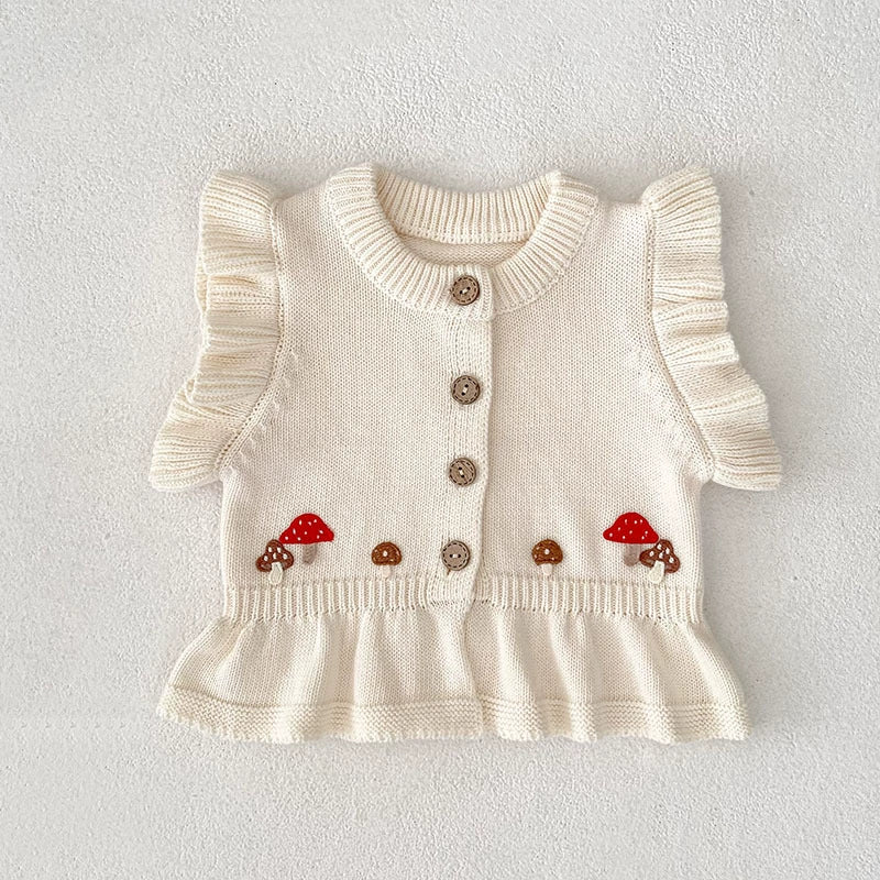 Autumn Arrival Baby Girls Comfortable Mushroom Embroidery Pattern Knitted Fly Sleeves Vest-1