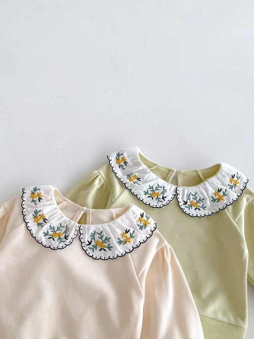 Cute and Versatile Two-Piece Set: Flowers Embroidered Collar Top and