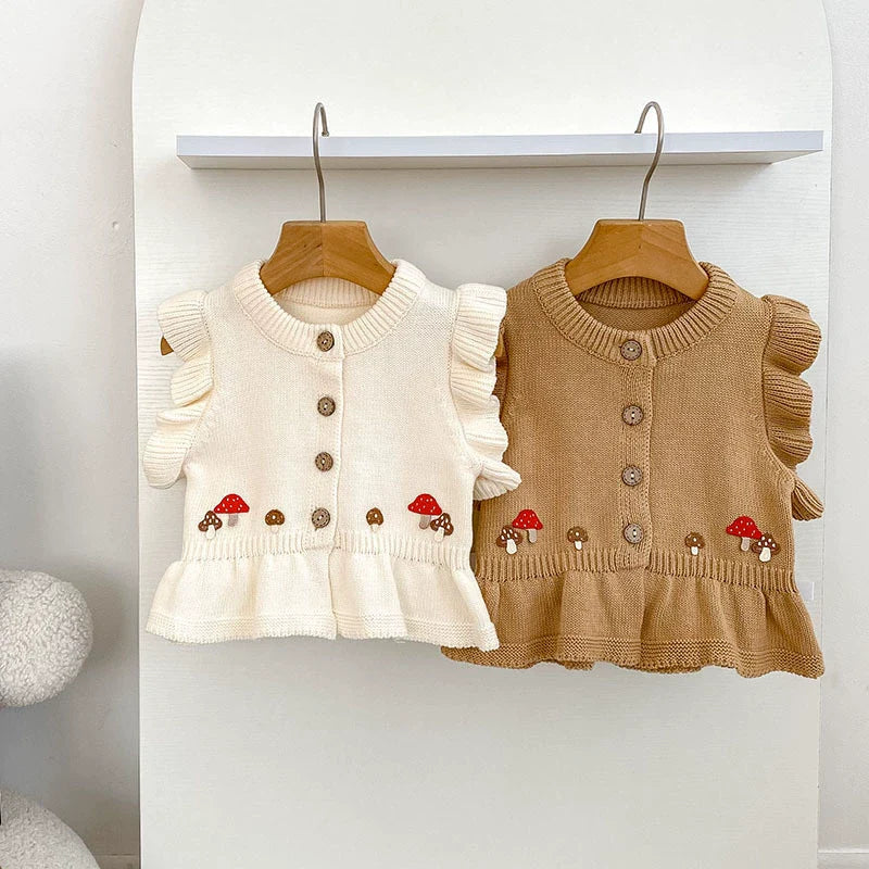 Autumn Arrival Baby Girls Comfortable Mushroom Embroidery Pattern Knitted Fly Sleeves Vest-0
