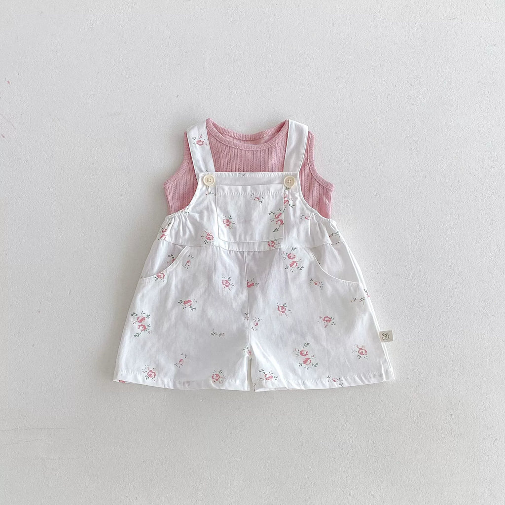 Summer Arrival Baby Kids Girls Sleeveless Floral Pattern Strap Overalls and Pink Vest Clothing Set-1