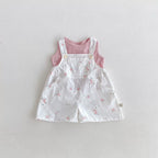 Summer Arrival Baby Kids Girls Sleeveless Floral Pattern Strap Overalls and Pink Vest Clothing Set-1