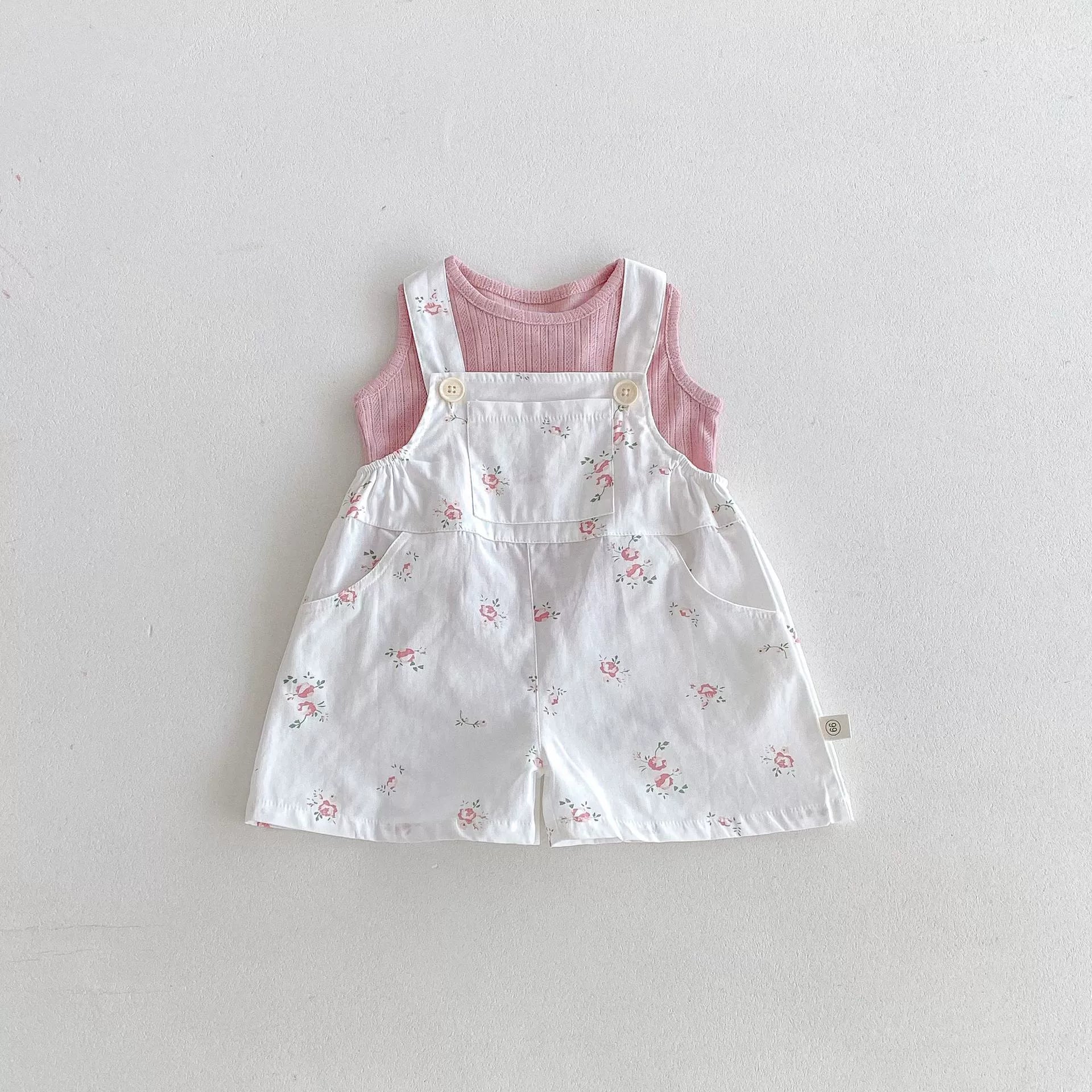 Summer Arrival Baby Kids Girls Sleeveless Floral Pattern Strap Overalls and Pink Vest Clothing Set-1