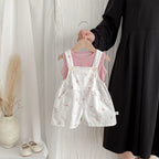 Summer Arrival Baby Kids Girls Sleeveless Floral Pattern Strap Overalls and Pink Vest Clothing Set-5