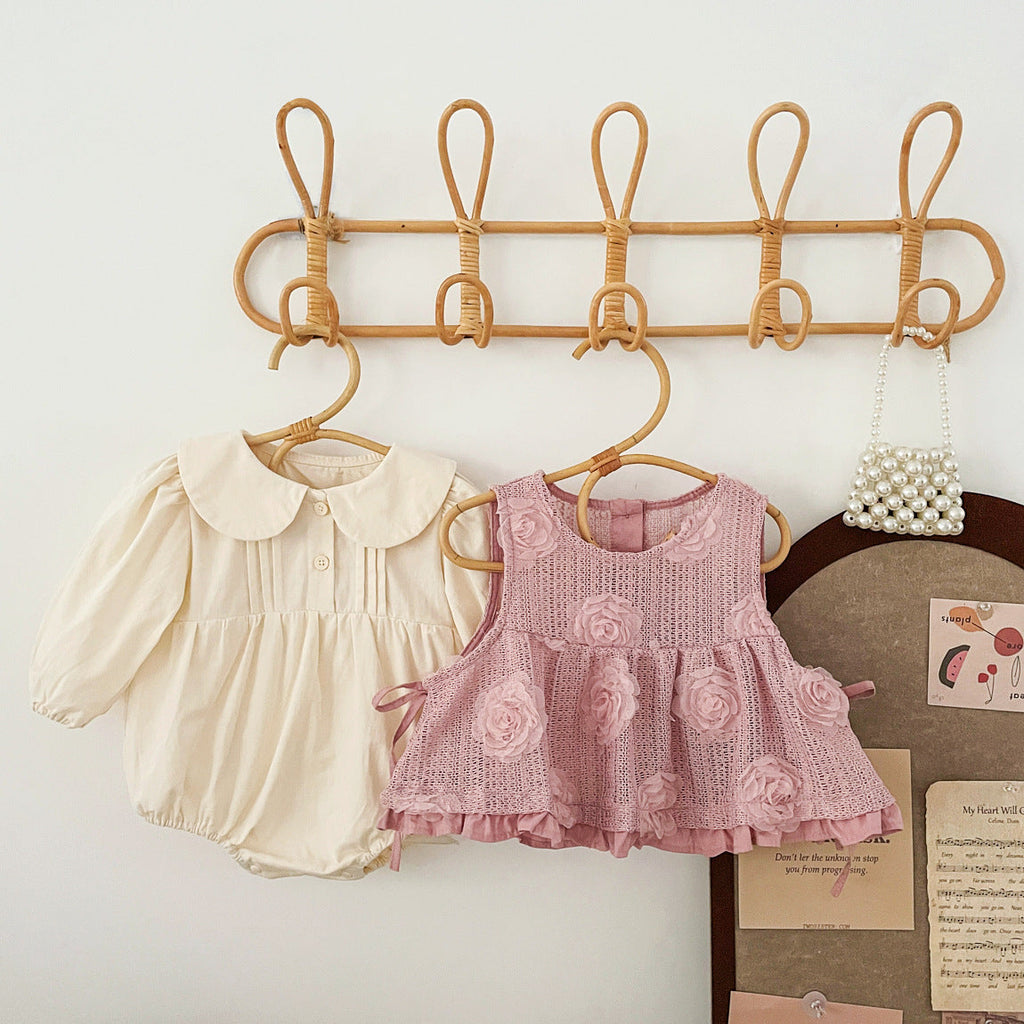 Spring and Autumn Baby Kids Girls Flowers Pattern Sleeveless Vest and Plain Onesies Clothing Set-1